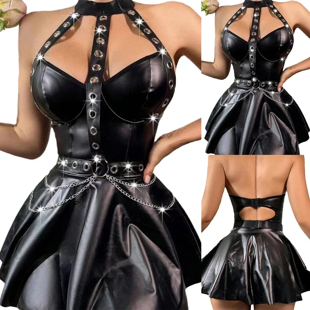 Women Sexy Black PU Leather Punk Dress Wet Look Bodycon Short Dress Corseted Studded Backless Nightclub Wear Erotic Lingerie