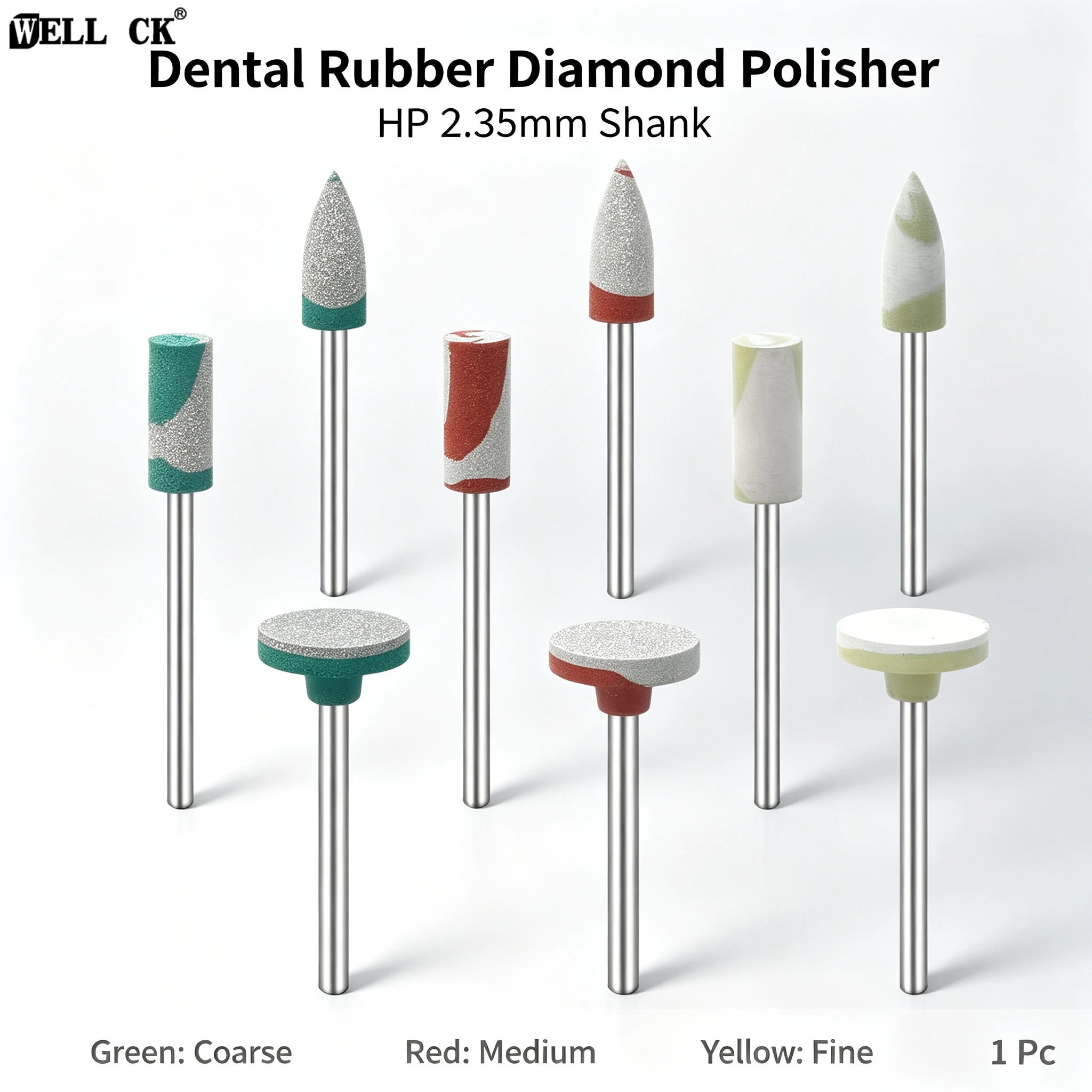 1Pcs WELLCK Dental Rubber Diamond Grinding Head Highlight Polishing Series HP Shank 2.35mm For Zirconia Rotating Tools