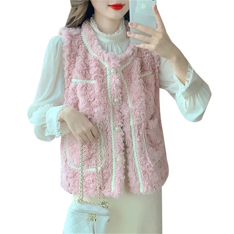 

2022 Autumn Winter Pink Vest Coat Women New Vests Fashion Fur Cashmere Waistcoat Loose Vest Jackets Tops Female Vestes