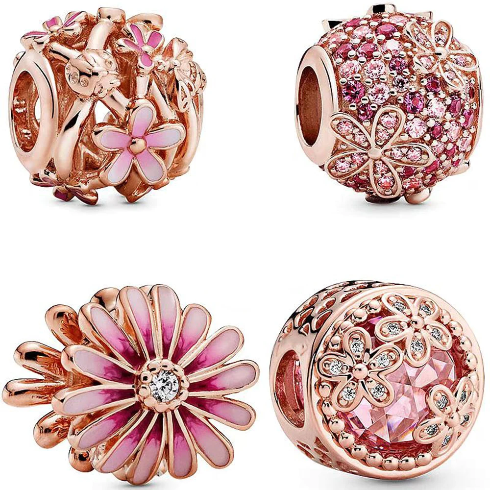 Rose Gold Pink Daisy Charms Fit Original Pandora Bracelet beads 925 sterling silver woman luxury jewelry pendant gift making