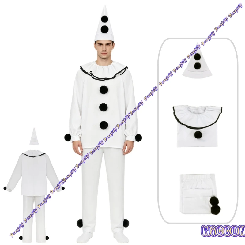 

Pierrot Clown Cosplay Halloween Party Costume Black White Outfit For Adults Carnival Performance Wear Pajamas Ghost Party