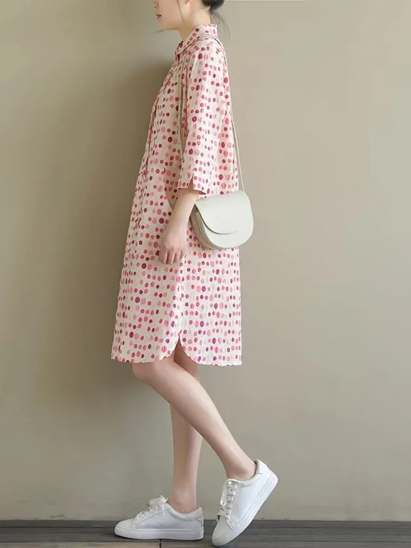 

Slimming Effect Loose Midi Shirt Dress Polka Dot Red Women's Casual Wear Cotton Blend Button Detail Neckline Seven Sleeve
