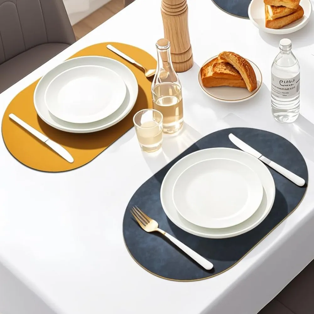 1/4/6PCS Oval Double-Sided Table Mats Set Non-Slip Waterproof PU Leather Placemats Washable Blue Yellow for Home Table Decor