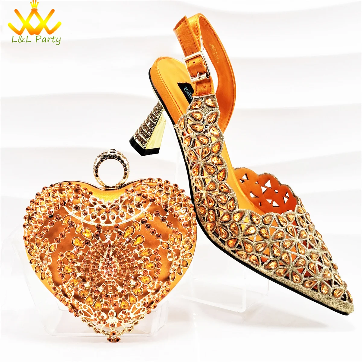 2025 European Style Noble Women's High Heels Paired with Handbag Diamond Hollow Design, Popular in Orange Color