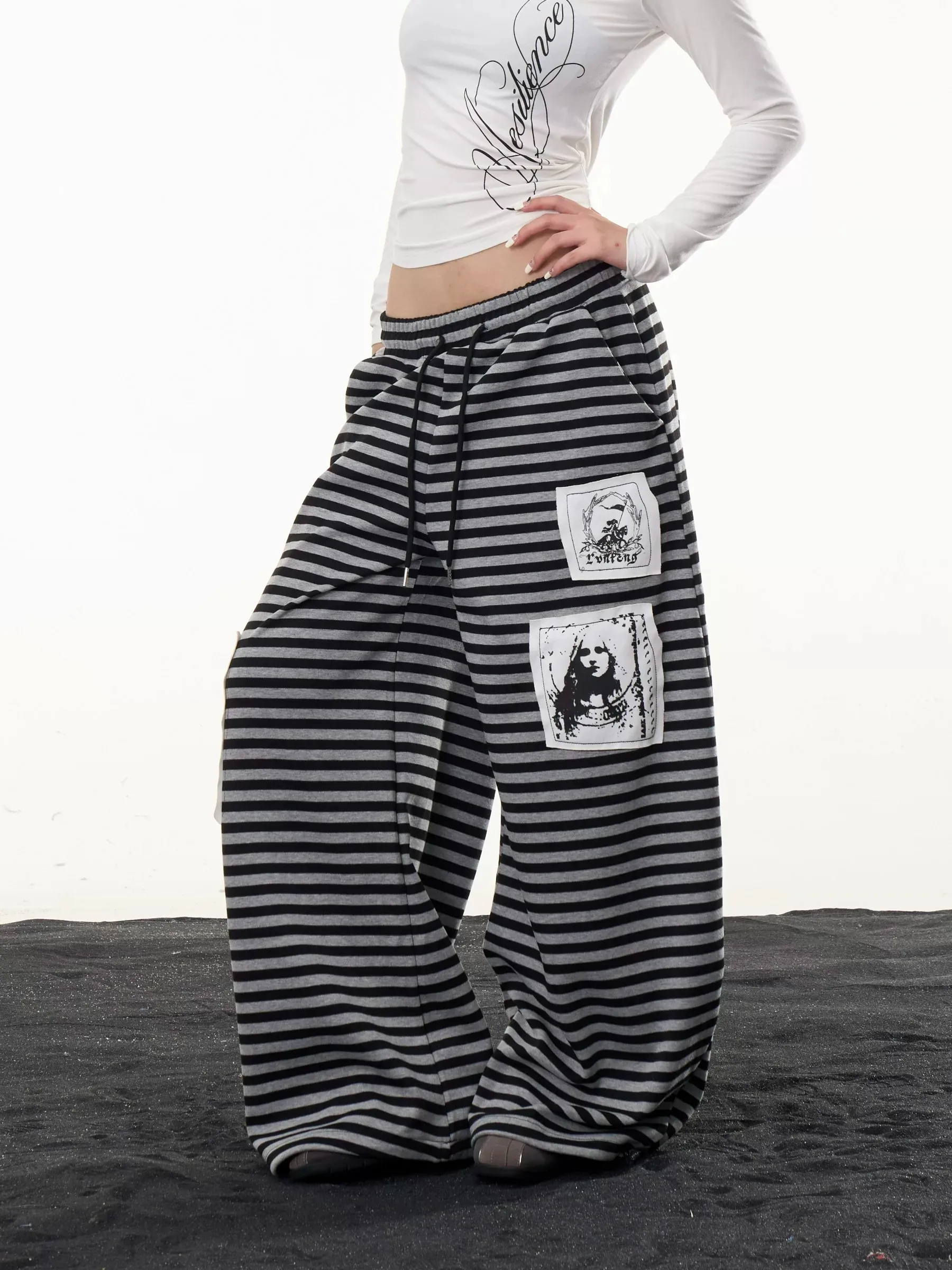 American Retro Striped Patchwork Wide Leg Pants Women Spring Autumn New Style Slimming Casual Trousers Harajuku Style Elastic...