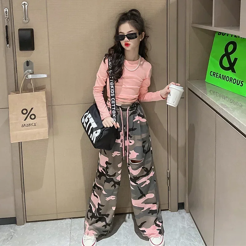 Girls Camouflage Sets Fashion Hip Hop Tops Cargo Pants Two Piece School Teenager Children Dance Costume 12 14 Years Kids Clothes