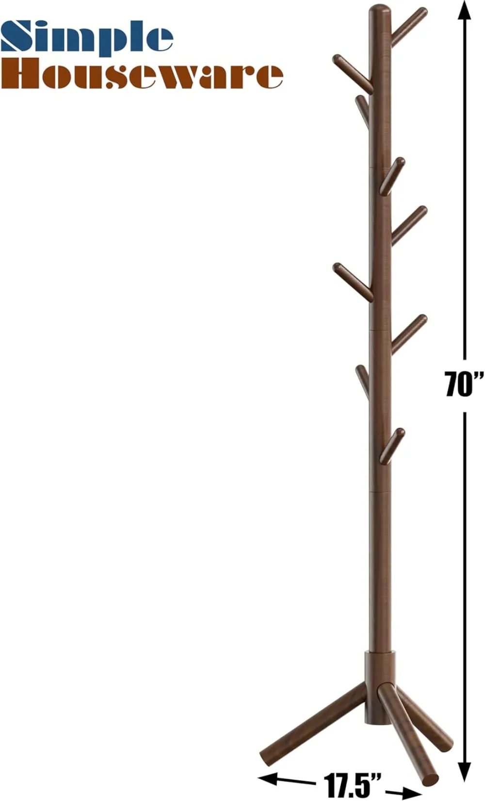 Wooden Coat Rack Stand with 9 Hooks, Adjustable Height, Walnut