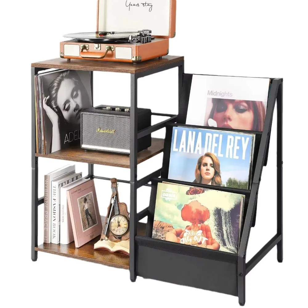 

Factory 2 Layers Metal Record Player Stand Living Room CD Shelf Assemble Wooden Top Vinyl Storage Rack