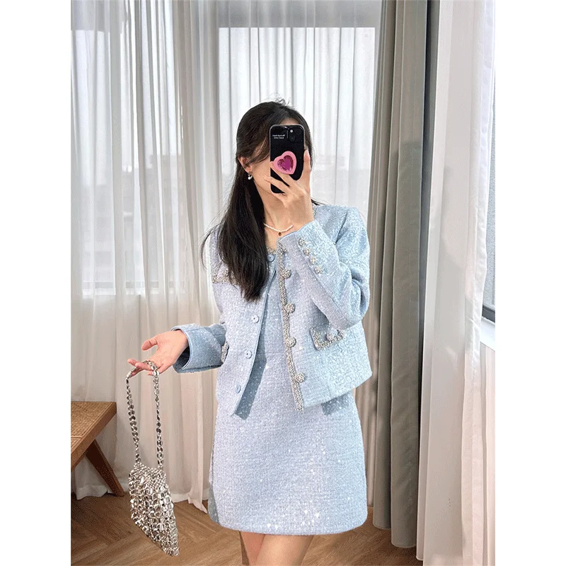 2024 Early Spring Blue Dress Women's New Round Neck Sequin Diamonds Hanging Strap Off The Waist Dresses Female Clothing