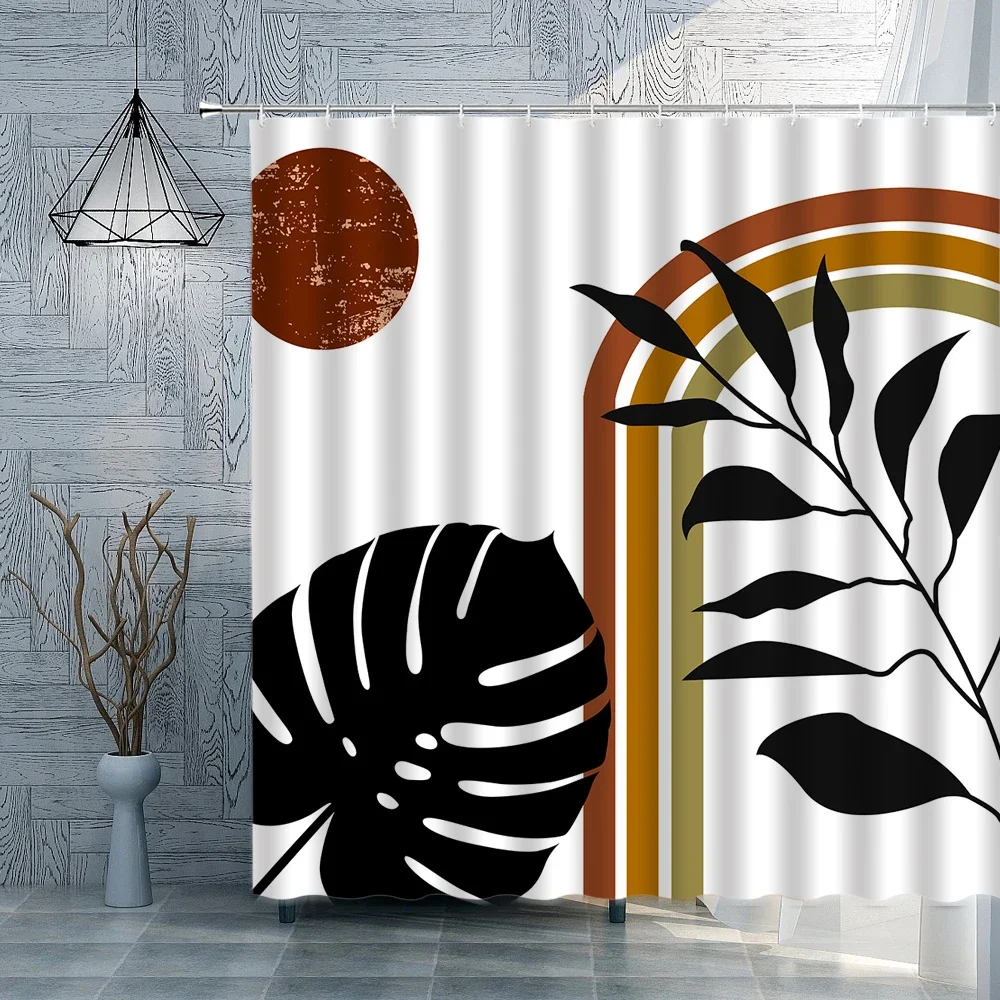 Abstract Mid Century Shower Curtain Boho Leaves Minimalist Modern Art Geometric Arch Line Vintage Bathroom Curtain Home Decor