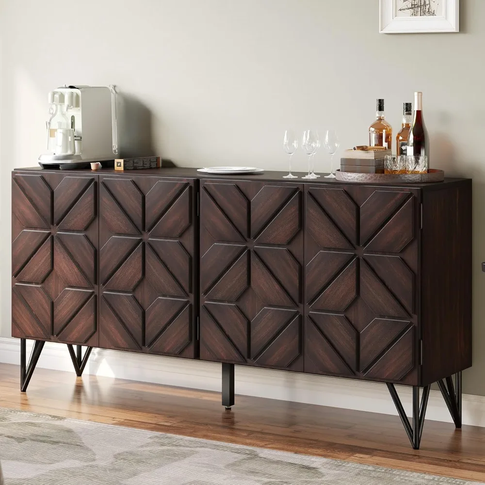 63” Solid Acacia Wood Sideboard Buffet Cabinet, Hand-Carved Geometric Door Console with Adjustable Shelves, Customized
