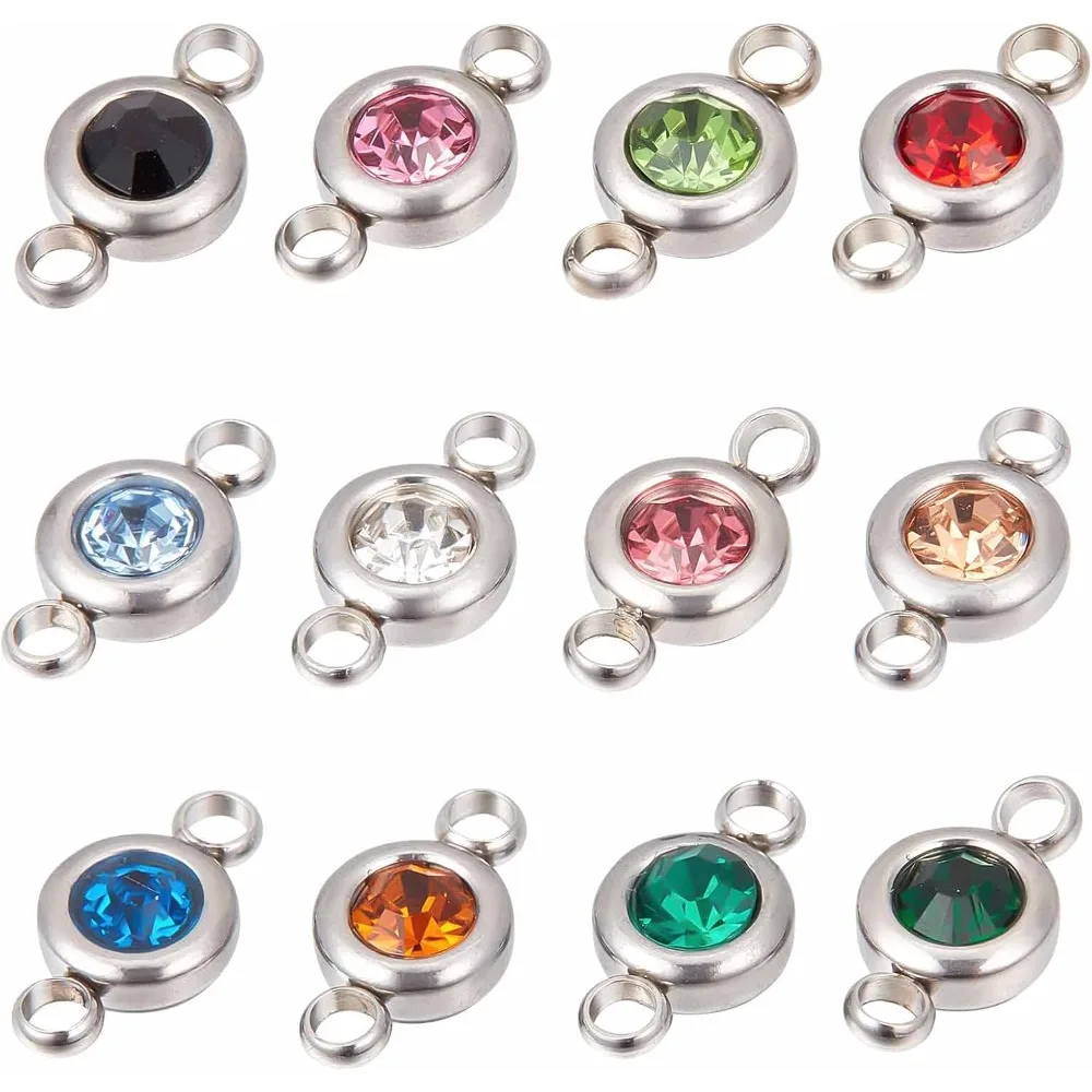 

1 Box 24Pcs Rhinestone Connector Charms Birthstone Charms Connectors Stainless Steel Links Christmas Flat Round making kit