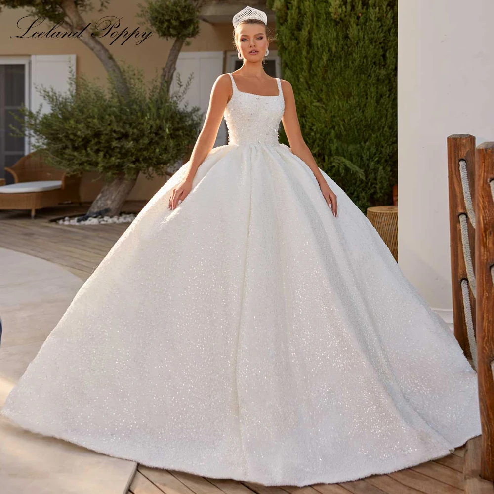 

Lceland Poppy Customized Ball Gown Lace Wedding Dresses Square Neck Sleeveless Beaded Bridal Gowns with Court Train