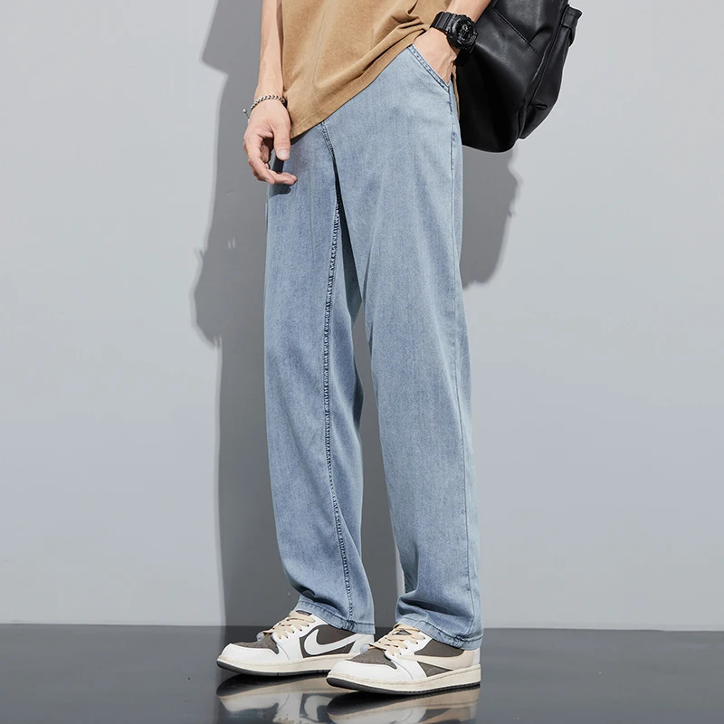 CUMUKKIYP 2023 Summer Loose Straight Leg Jeans for Men High-end Lightweight and Soft Tian Si Jeans