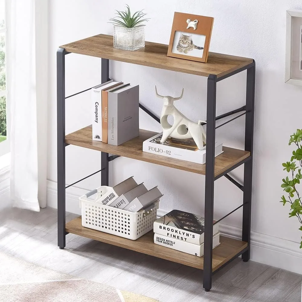 

Small Bookshelf, 3 Tier Open Book Shelf, Rustic Wood and Metal Shelving Unit for Small Space, Oak