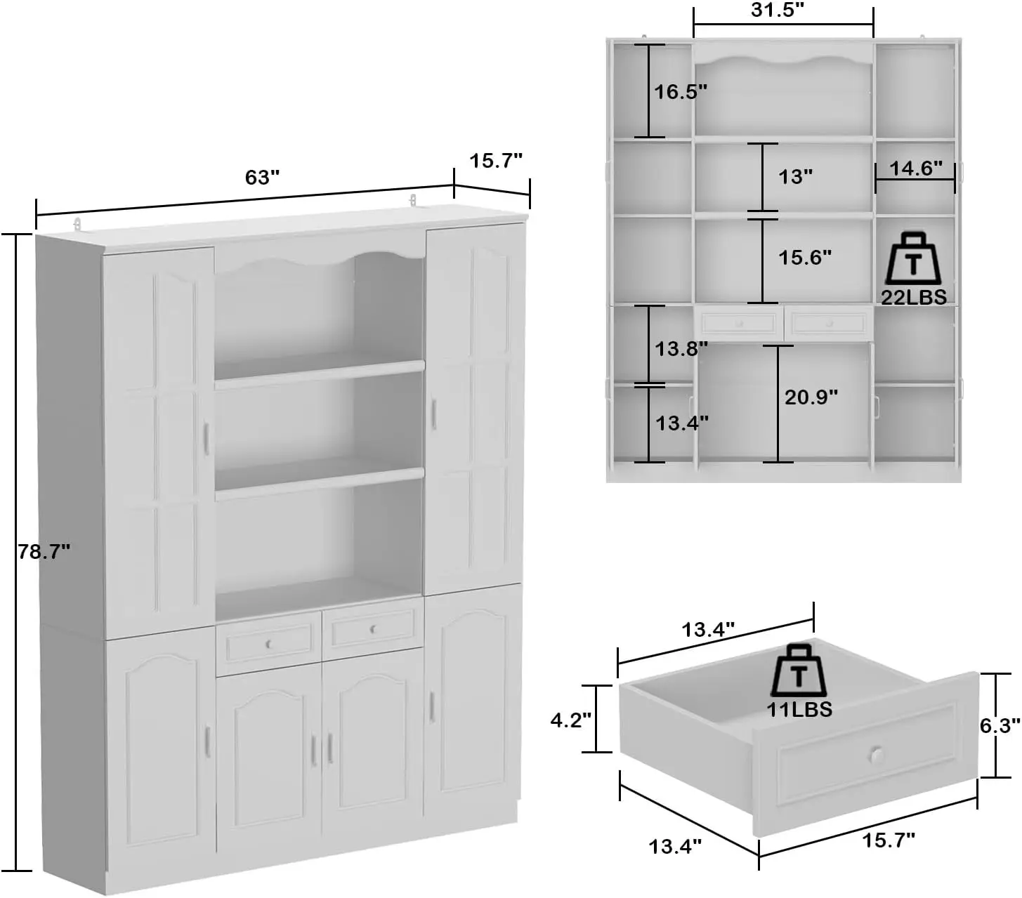 

Pantry Cabinet with Glass Doors and 4 Drawers Pantries anStorage, for Living Room Hallway White (31.5”W x 15.7”D x 78.7”H)