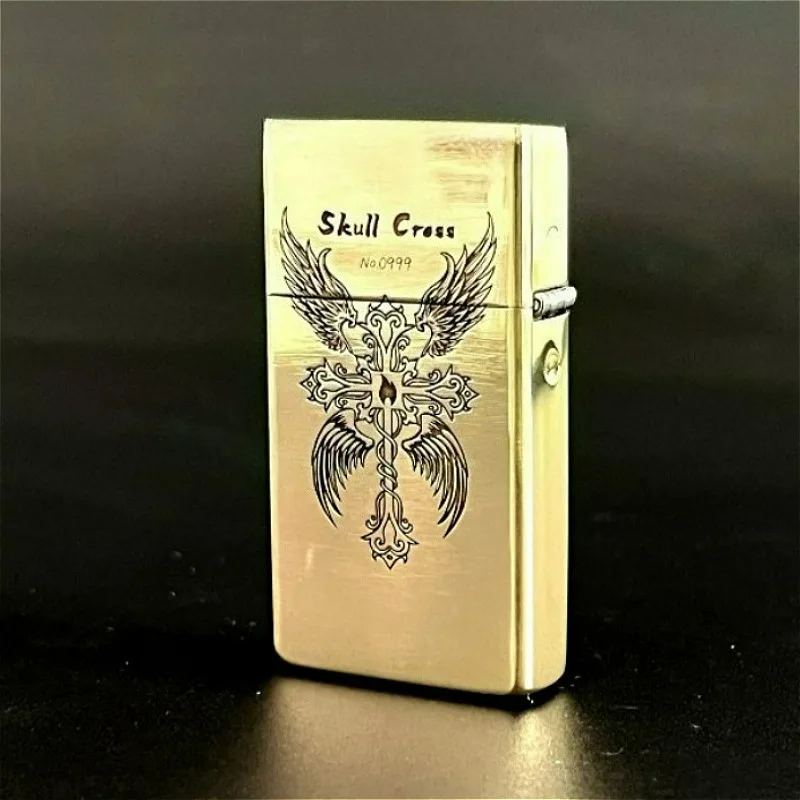 ZORRO 909 Slim Narrow Machine Brass Relief Inlaid Angel Cross Rose Lighter for Women and Men As A Gift Smoking Accessories