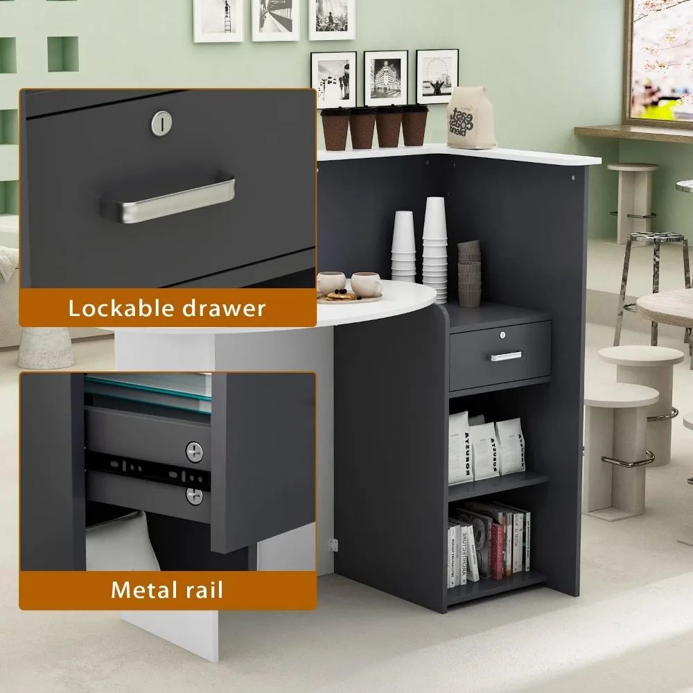 Front Counter Desk with Lockable Drawers, for Salon Reception Room Checkout Office, White Round Table & Dark Grey Counter