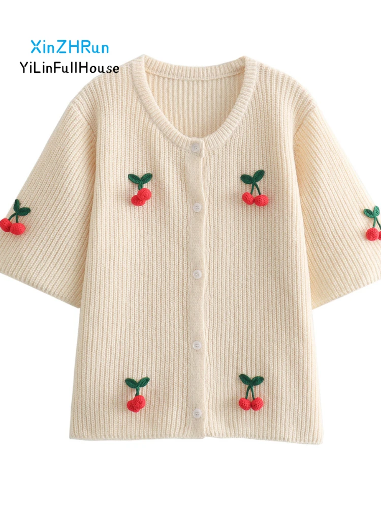 Women's 2024 New Fashionable Round Neck Cherry Decorated Cardigan Casual Loose Age Reducing Versatile Short Knitted Sweater Top