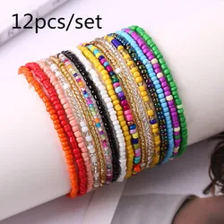 Fashion 12Pcs Boho Colourful Rice Bead Anklet Set For Women Sandy Beach Chain On Leg Ankle Bracelet Lady Bohemia Jewelry Gifts