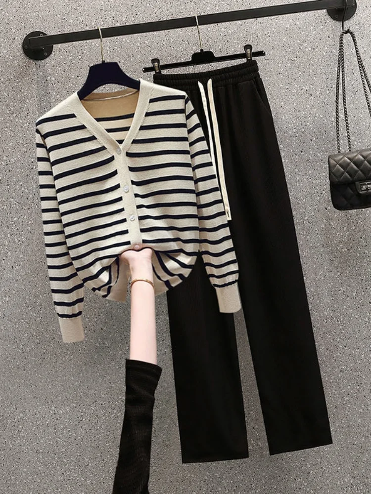 Autumn Striped Patchwork V-neck Knitted Sweater Cardigan Casual Wide Leg Pants Two-piece Set Fashionable Women's Pants Set Outfi