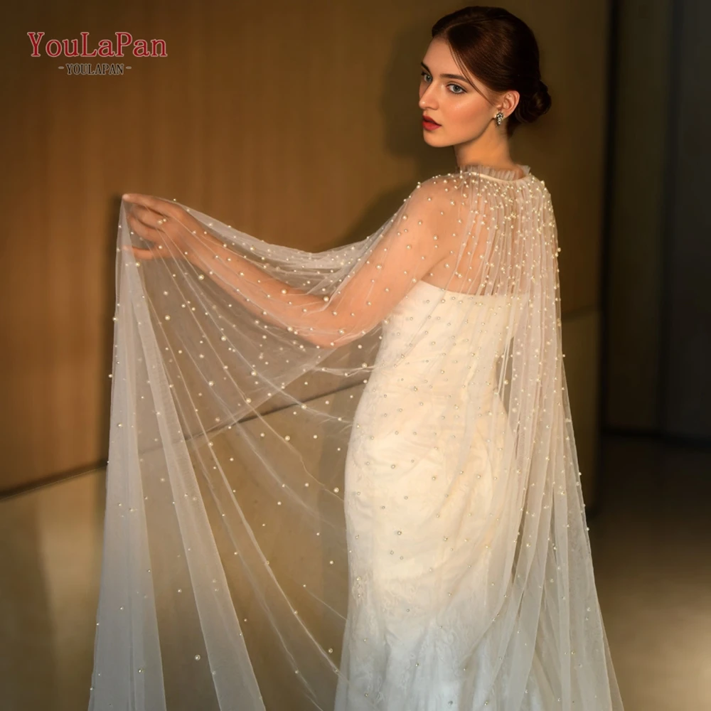 YouLaPan Cape Veil New Shawl Tulle Wraps Pearls Wedding Shawl High Quality Button Back Cheap Shawls Free Shipping DIYBolero vg02