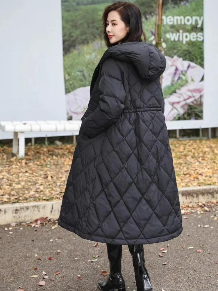 Long Knee-length Down Jacket, Windproof Warm Coat, Loose Hooded Jacket, Diamond Plaid Design, Casual Parkas, Winter Fashion, New