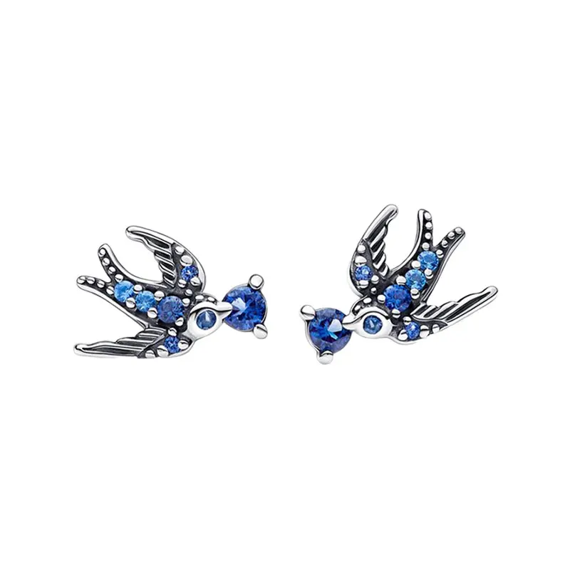 Spring Swallow Ear Piercing Stud Earrings For Women 925 Sterling Silver Jewelry Microbeads Grooved Feather Pave Blue Crystals