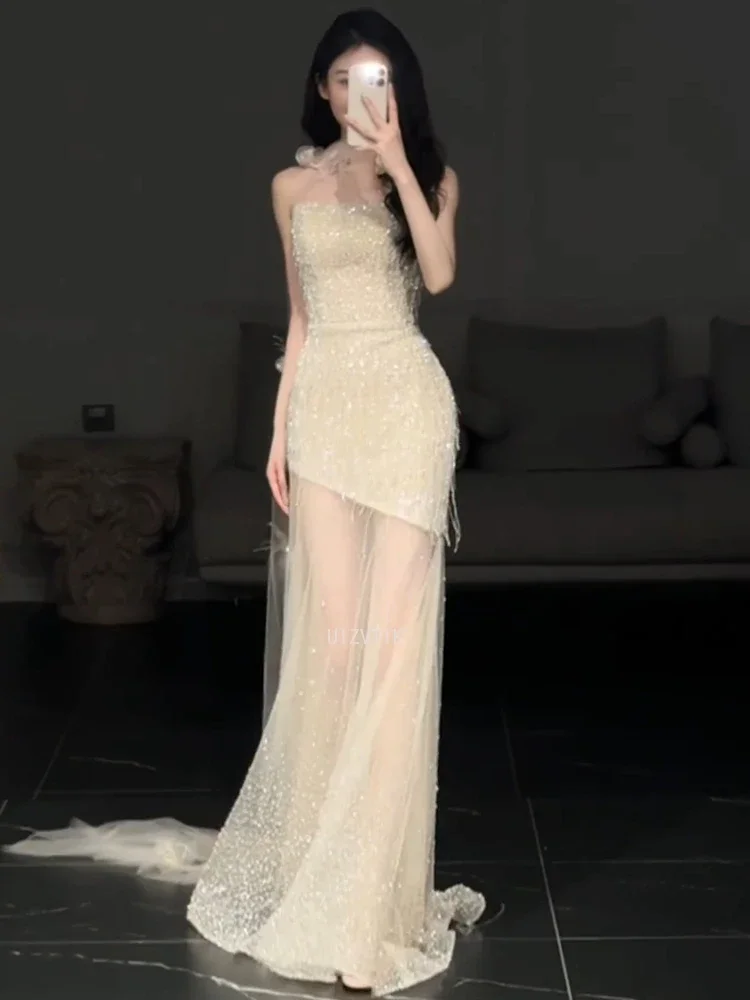 Robe de soirée sirène de luxe pour femmes, Sexy, maille scintillante, couture, paillettes, sans bretelles, robes de bal pour occasions spéciales