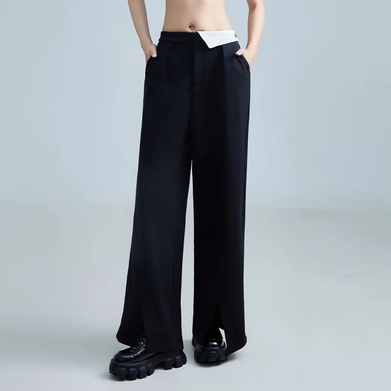 Women's Drapped Wide Leg Pants Black Long Trousers Cotton Elastic High Waist Split 2024 New Spring Autumn Streetwear with Pocket