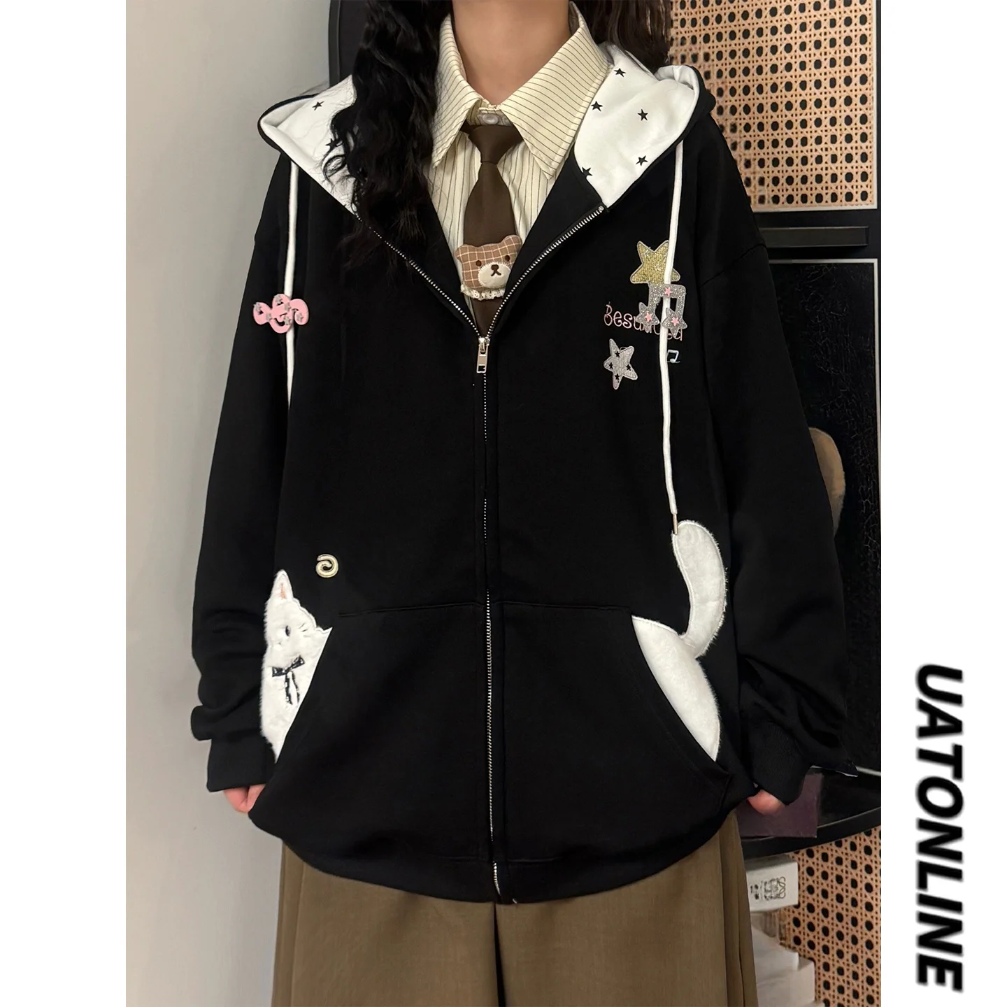 Cute Lazy Style Hoodie  Pocket Sweatshirt Outerwear for Girls Autumn New Arrival Soft Plush Material Loose Fit Design