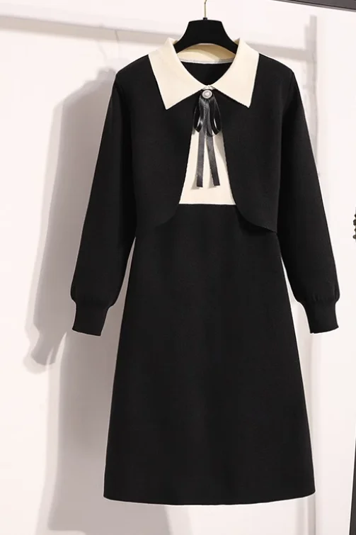 Abiti versatili alla moda lavorati a maglia autunnali da donna di grandi dimensioni Temperamento Fiocco Dolce manica lunga Abito giapponese in due pezzi finto nero