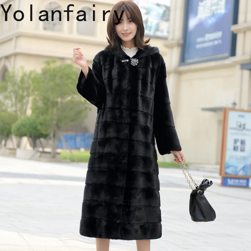 YOLANFAIRY Wysokiej Jakości Płaszcz z Futra Norki z Kapturem, Zimowy Płaszcz Średniej Długości z Prawdziwego Futra, Czarna Kurtka z Futra Norki, Casaco Feminino