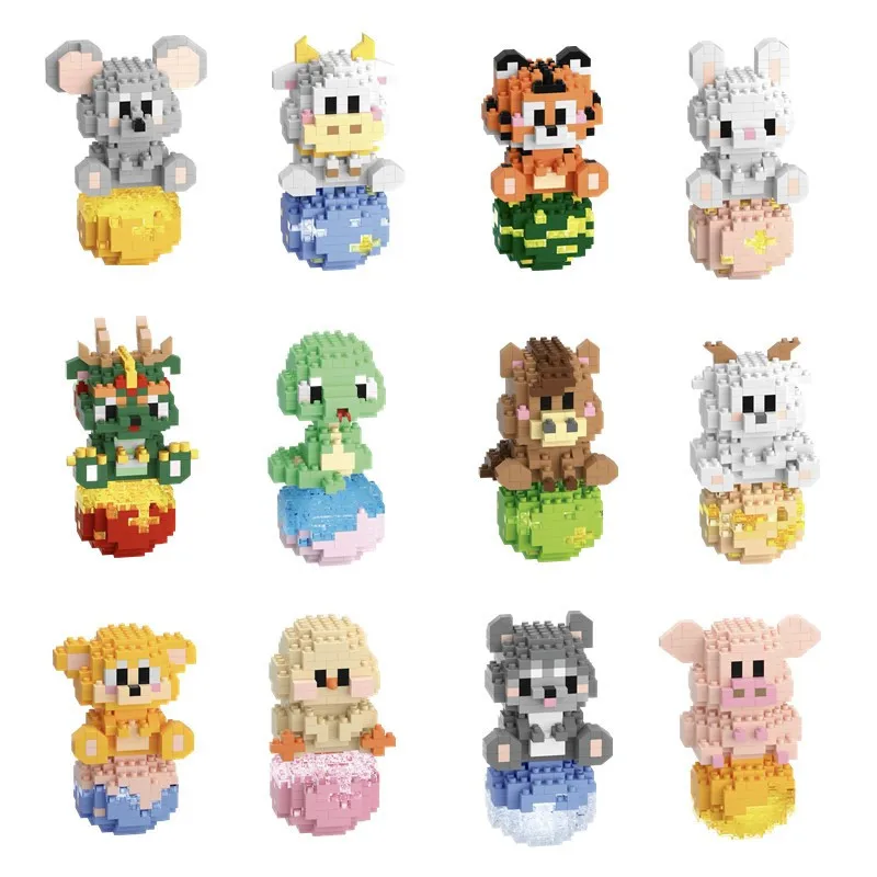 12Pcs Animal Building Blocks Series The Twelve Chinese Zodiac Signs Bricks Tigers Dragon Block Toys for Girls Boys Gift