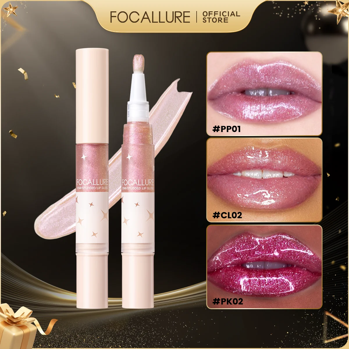 FOCALLURE Diamond Lip GLOSS ยาวนาน Pearlescent Glitter Liquid ลิปสติก Moisturizing Lip Glaze Lip Tint แต่งหน้าเครื่องสําอาง