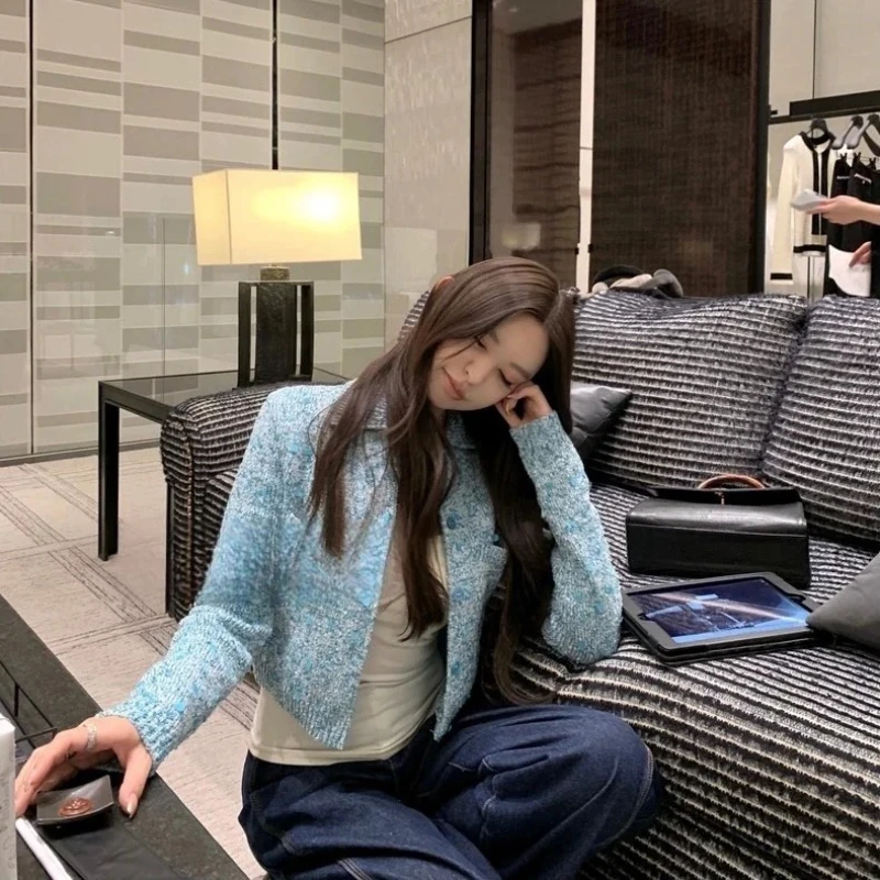 

Spring Autumn Korean Fashion Cardigan Knitted Coat Women Single-breasted Round Neck Short Sweater Jacket Casual High-street Top