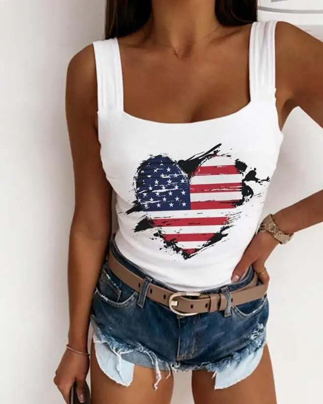 

Women's Sexy Tank Top 2024 Spring Summer Latest Casual Butterfly Letter Print Colorblock Ribbed Vest Square Neck Skinny Sling