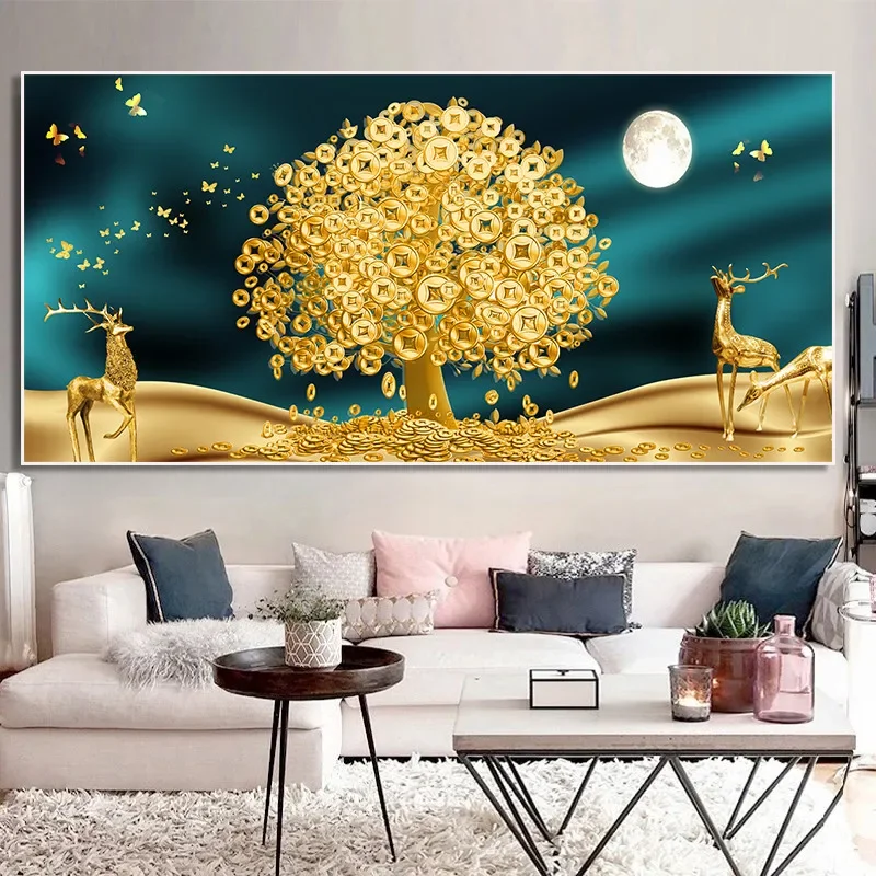 Large Luxury Lucky Gold Money Tree Canvas Painting Printing Floral Plant Painting Deer and Golden Leaf Poster Large Home Decor