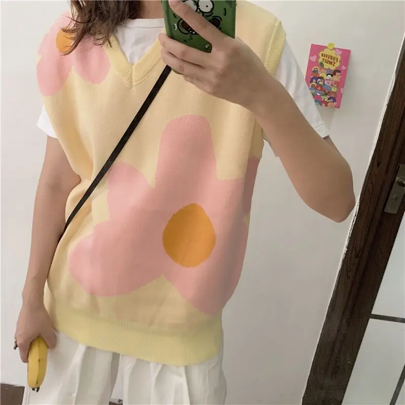 Suéter de flores para hombre y mujer, chaleco de punto sin mangas, top y2k, ropa kawaii harajuku, jersey de gran tamaño