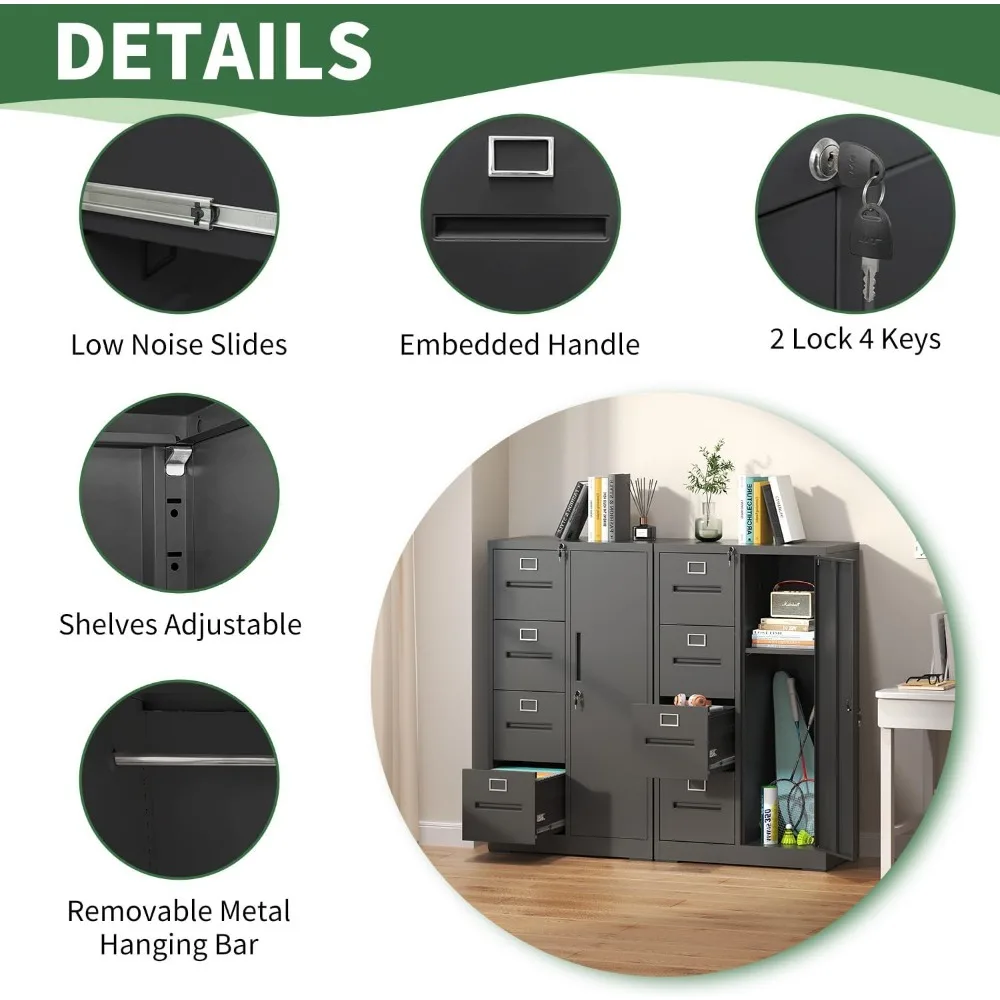 Vertikaler Aktenschrank mit 4 Schubladen, Schloss und 1 Tür, Aktenschrank mit A4-Regalen/Buchstaben, Schwarz, Montage erforderlich