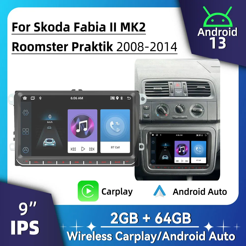 9 Schermo Wireless Carplay Autoradio Android Car Multimedia 2 Din Radio GPS Per Skoda Fabia 2 II MK2 Roomster Praktik 2008-2014