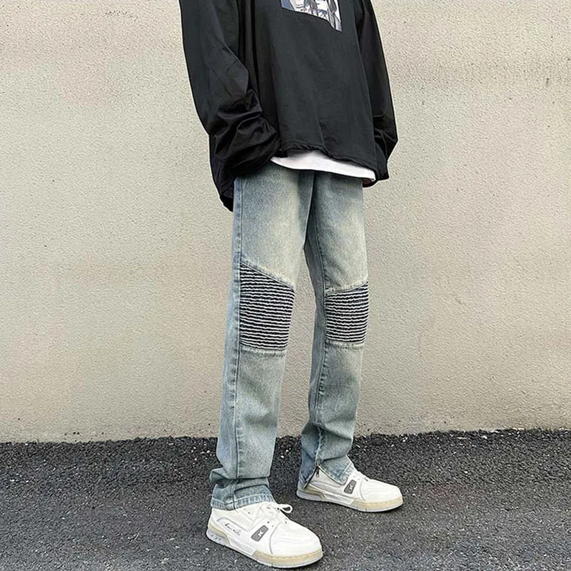 

Idopy Fashion Brand Designer Biker Pants Men Moto Denim Joggers Washed Pleated Jean Trousers Bottom Zippers Black Blue