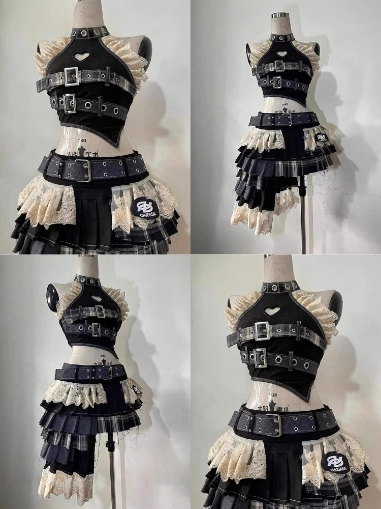 Conjuntos de 2 piezas Vintage elegante Y2K para mujer, Tops cortos sin tirantes góticos Punk + falda con volantes de cintura alta, trajes de fiesta para mujer 2025