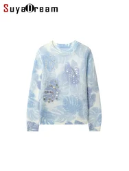 SuyaDream, Women Mohair Pullovers, Wool Blend Printed Sweaters, 2024 Fall Winter Fashionable Top, Blue