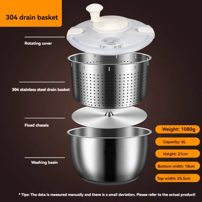 

A74U 6L Salad Spinner Stainless Steel Large Vegetable Washer With PP Lid For Fruit Washer Pasta & Fries Spinner Salad Dryer