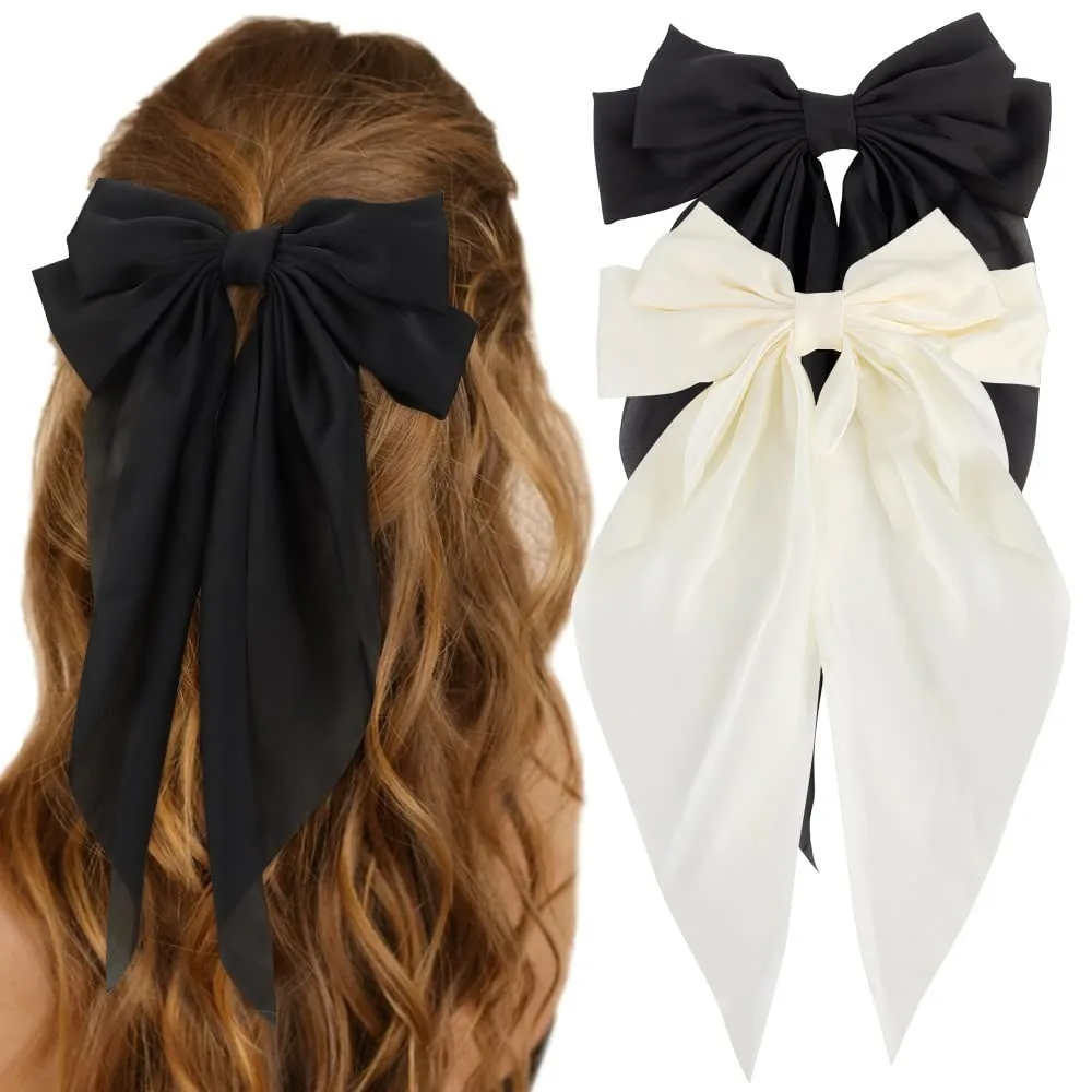 

Silky Satin Hair Bows 2Pcs Big Hair Bows for Women Hair Ribbons Oversized Long Tail White Hair Bow Black Hair Bow Large Hair Rib