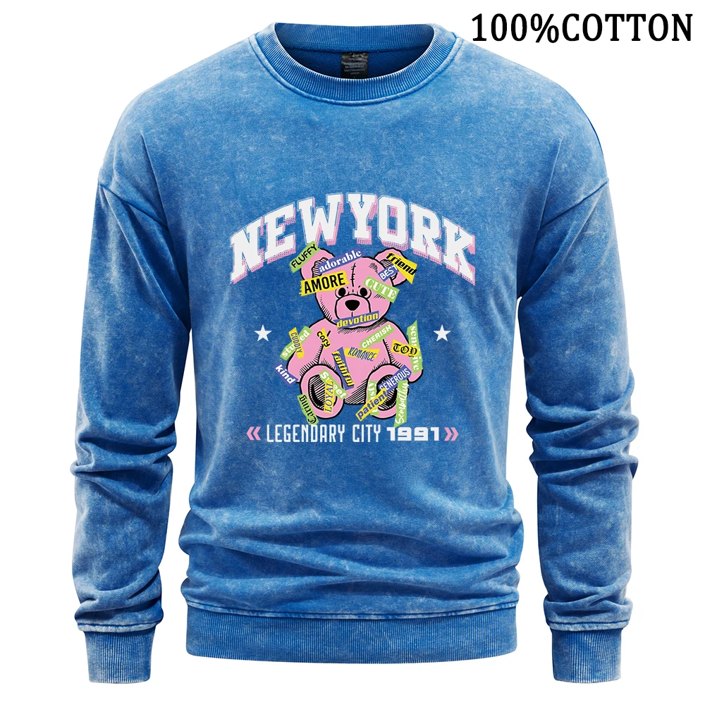 New York Pink Graffiti Bear Men Sweatshirt Retro Washed Hoodie Autumn New Cotton Hoodies High Quality Crewneck Sweatshirts Tops