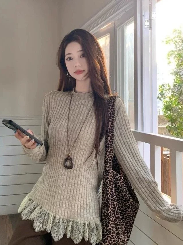 Korean Style Lazy Lace Trim Splice Half High Collar Women's Autumn Winter Fashionable Age Reduction Personality Butt Curtain Top