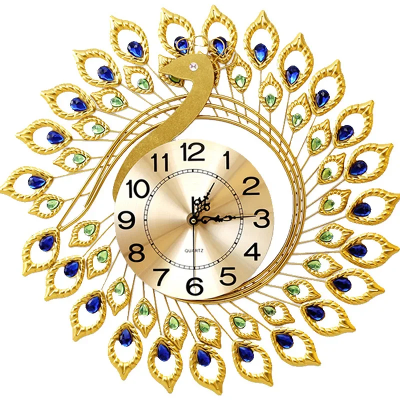 

Gold Large Metal Peacock Wall Clock Creative Design with Rhinestone Colourful Silent Wall Clock Modern No Ticking Art Decoration