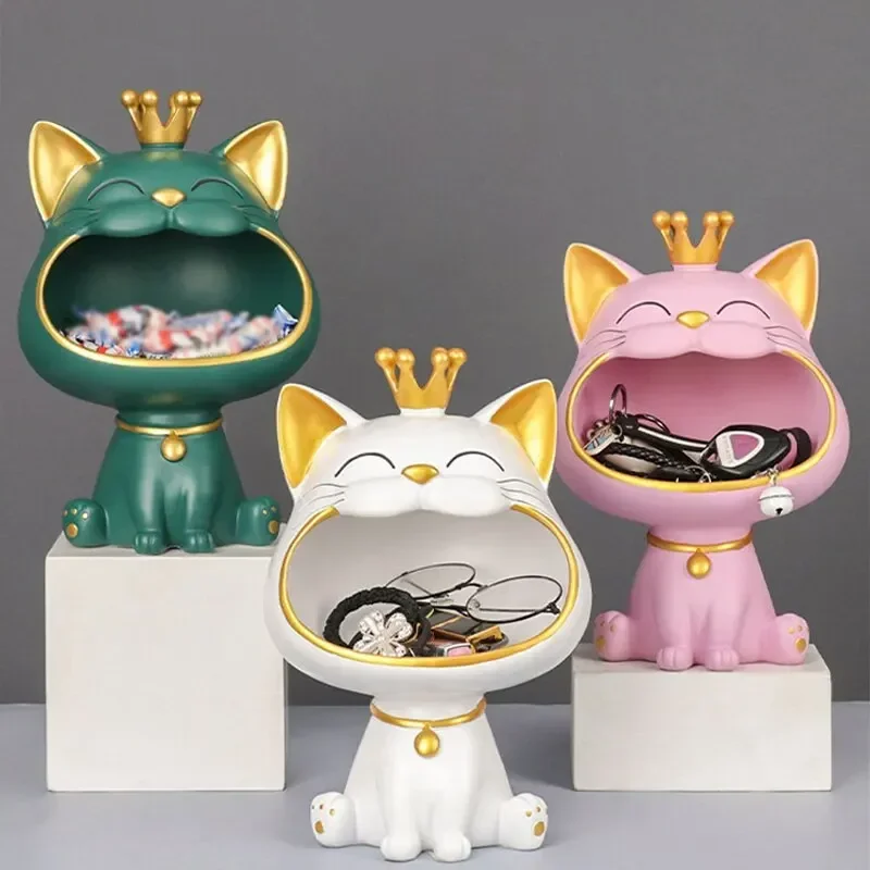 Big Mouth Cat Figurines Car Key Holder Fortune Crown Cat Sculpture Sundries Storage Rack Home Ornament Christmas Decoration